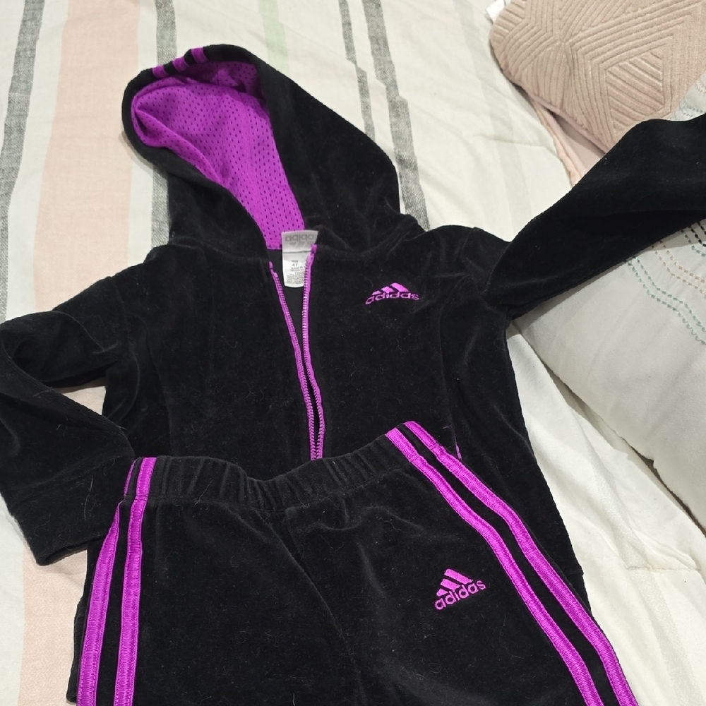 Adidas Black and Pink Hooded Tracksuit